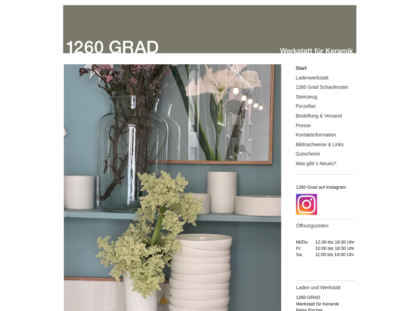 Website-Screenshot von 1260 Grad - Werkstatt für Keramik