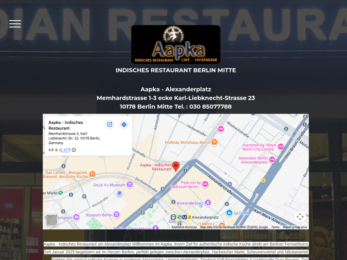 Website-Screenshot von Aapka - Restaurant Alexanderplatz