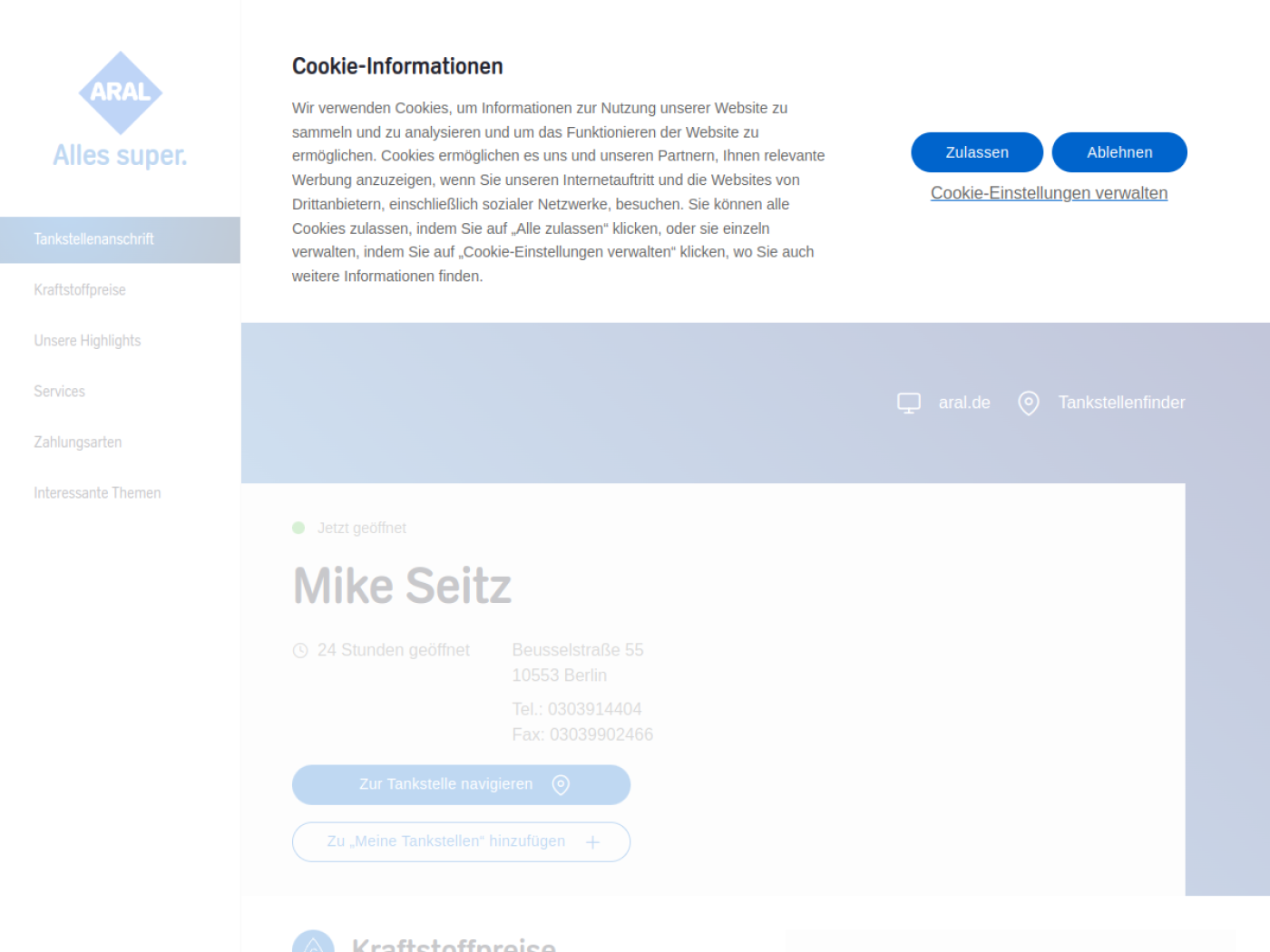 Website-Screenshot von Aral