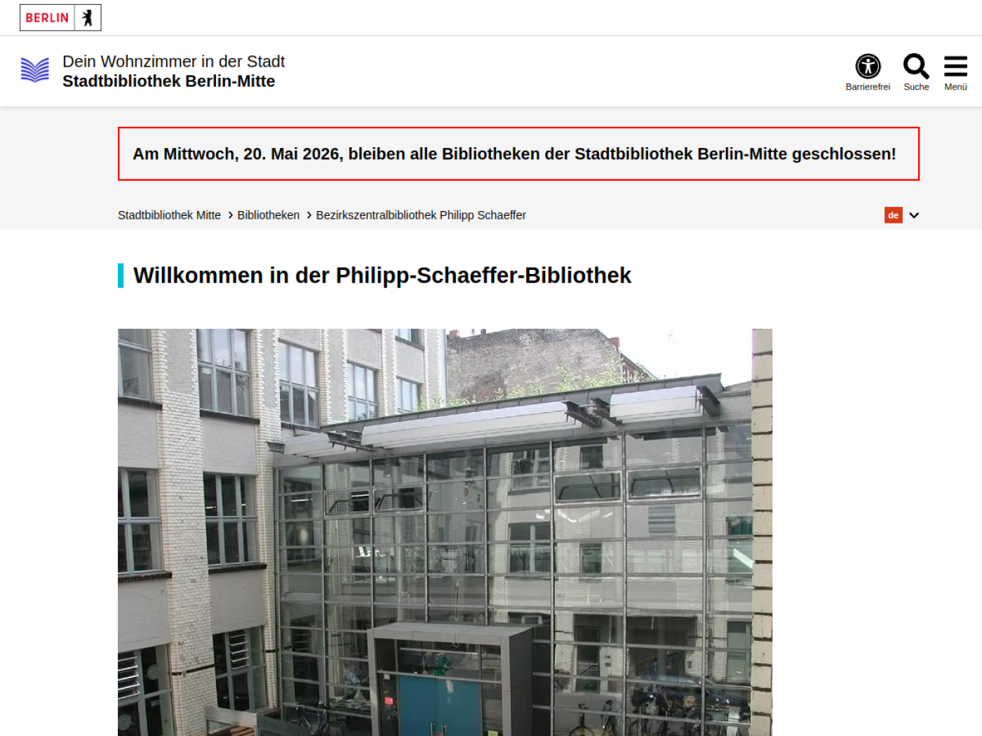 Website-Screenshot von Bezirkszentralbibliothek Philipp Schaeffer