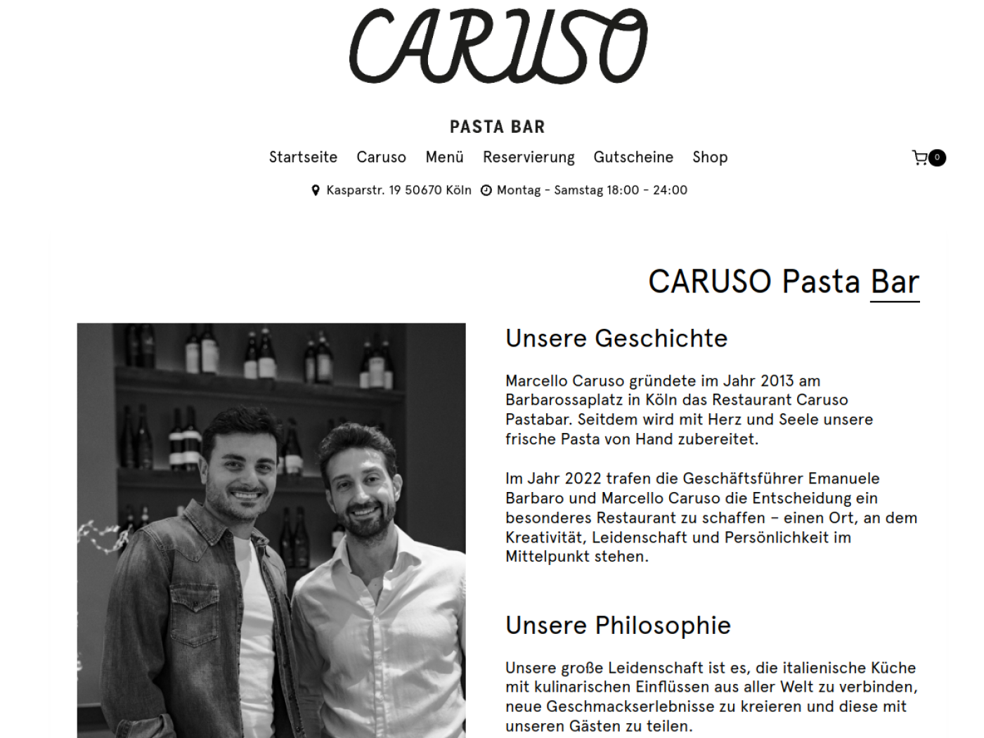 Website-Screenshot von Caruso Pasta Bar