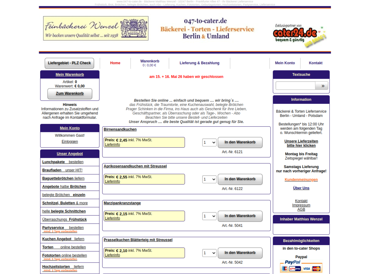 Website-Screenshot von Feinbäckerei Wenzel