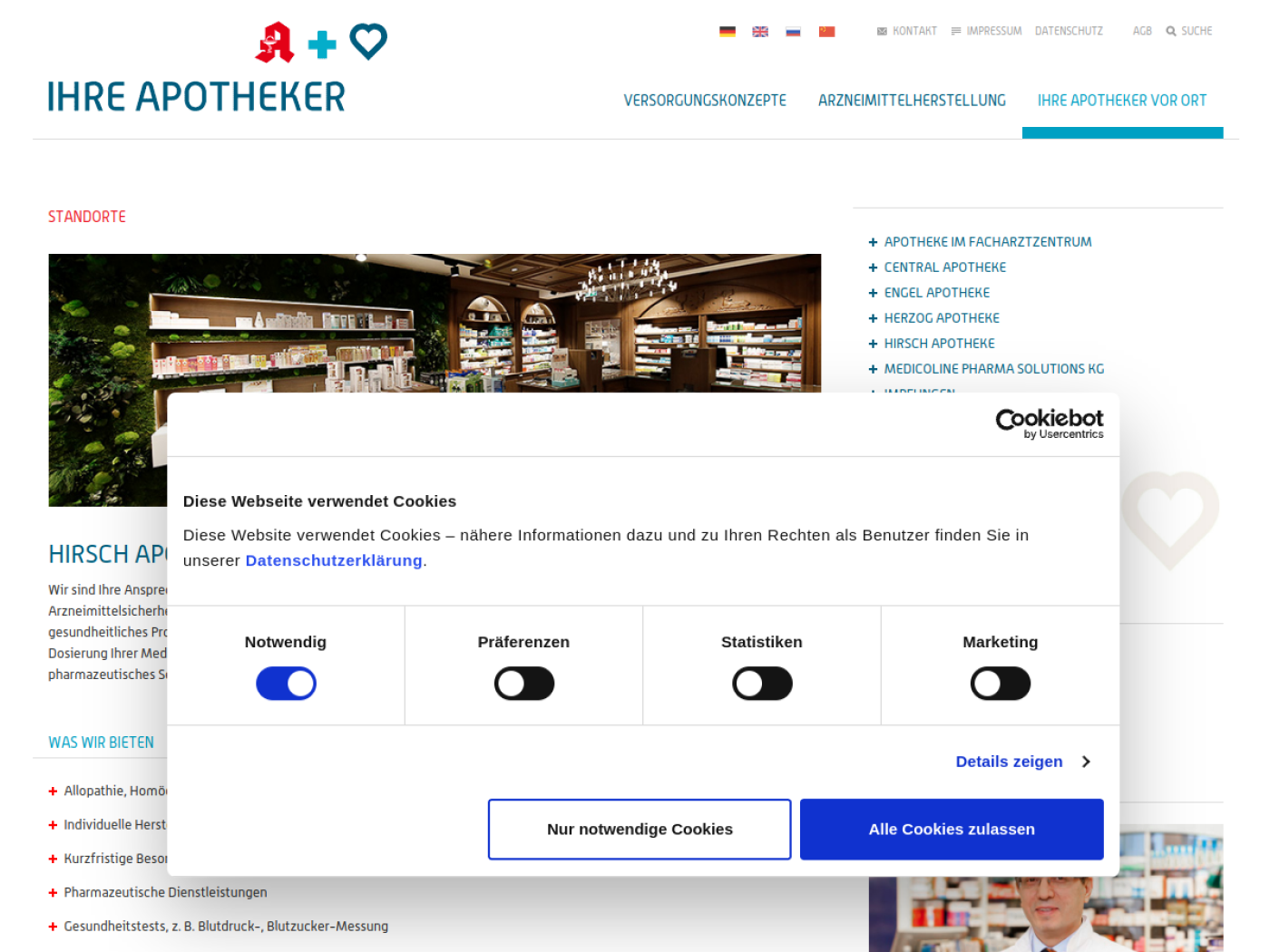 Website-Screenshot von Hirsch-Apotheke