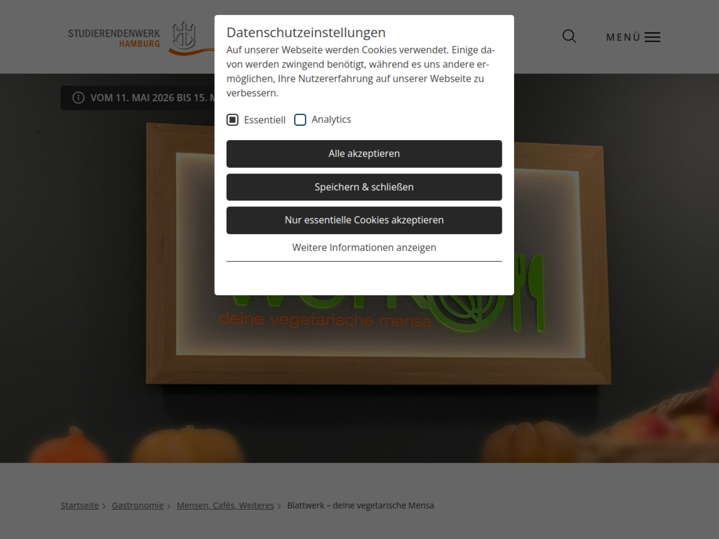 Website-Screenshot von Mensa Blattwerk