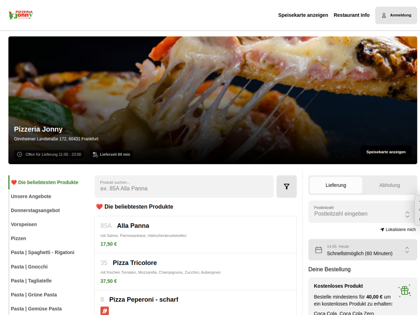 Website-Screenshot von Pizzeria Jonny Frankfurt