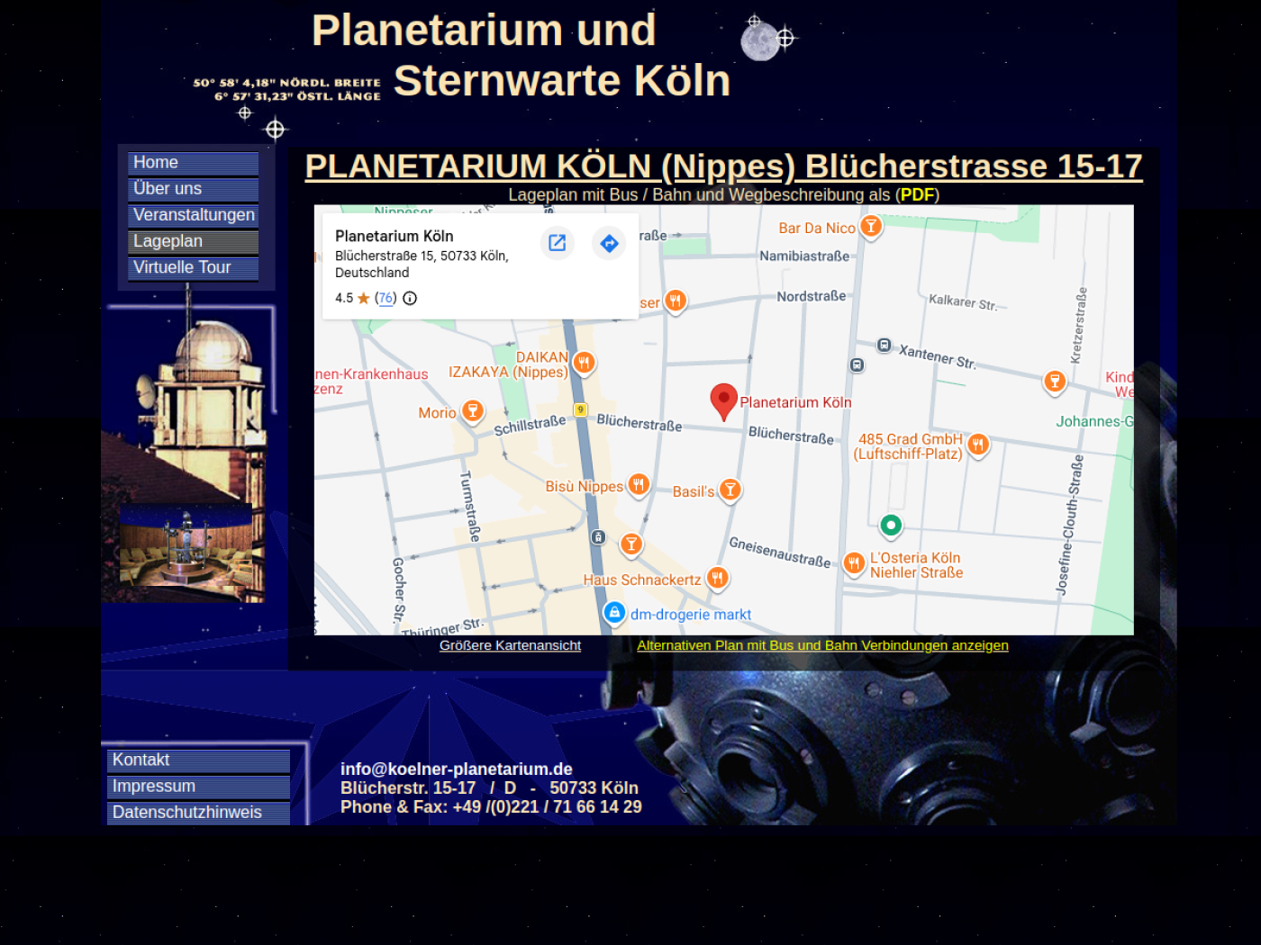 Website-Screenshot von Planetarium und Sternwarte Köln