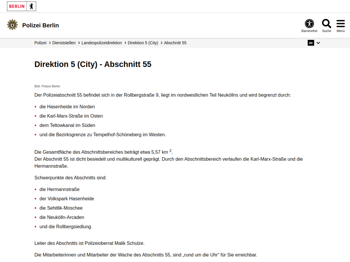 Website-Screenshot von Polizeiabschnitt 55