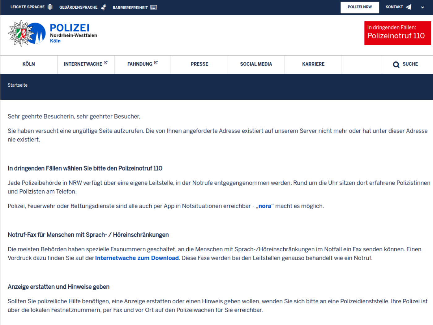 Website-Screenshot von Polizeiwache Ehrenfeld