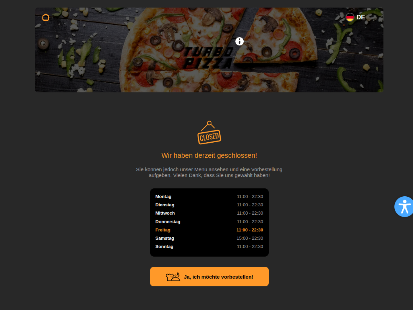Website-Screenshot von Turbo Pizza