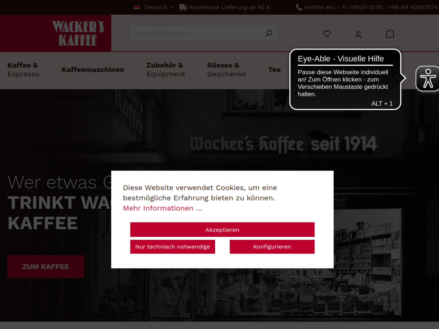 Website-Screenshot von Wacker’s Kaffee Geschäft