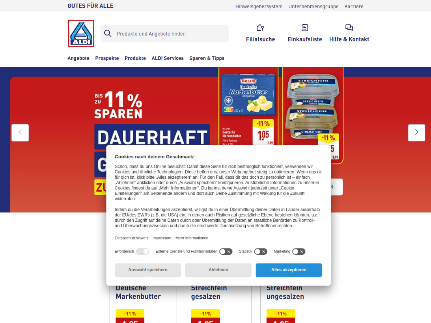 Website-Screenshot von Aldi Nord