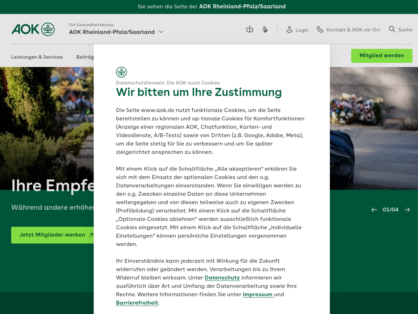 Website-Screenshot von AOK Rheinland-Pfalz/Saarland