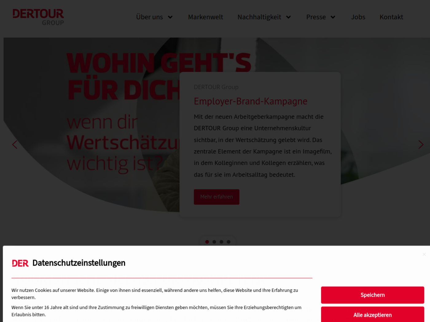 Website-Screenshot von DERTOUR Group