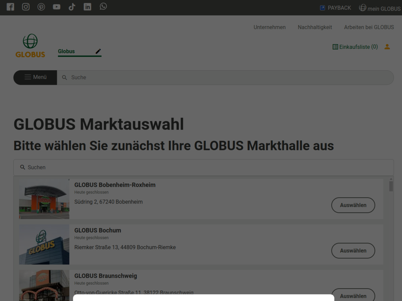 Website-Screenshot von Globus Holding
