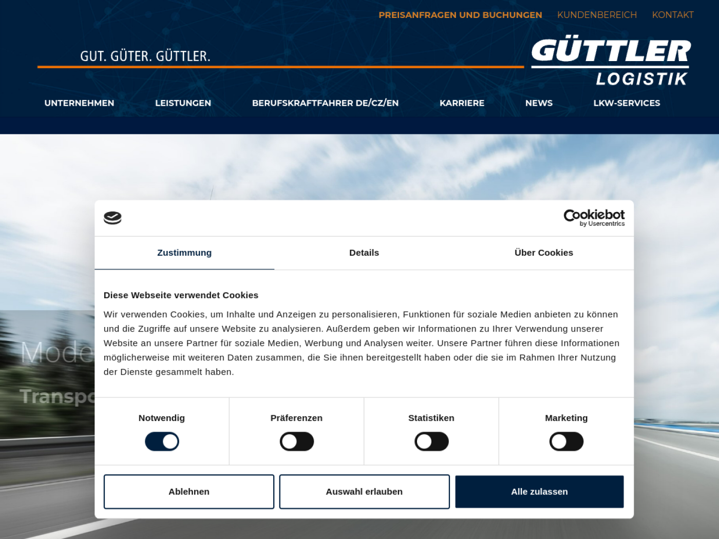 Website-Screenshot von Güttler Logistik GmbH