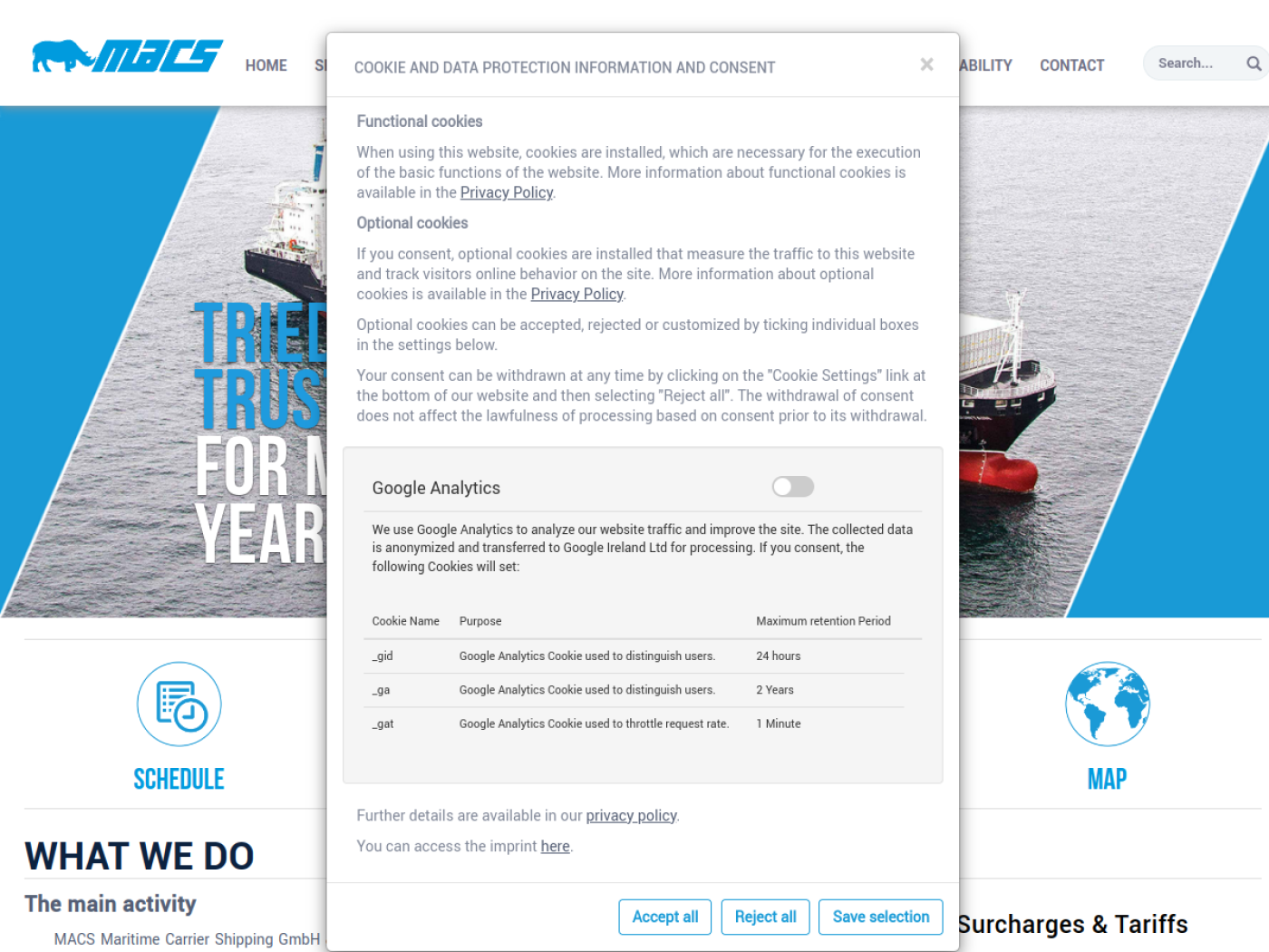Website-Screenshot von Hugo Stinnes Schiffahrt
