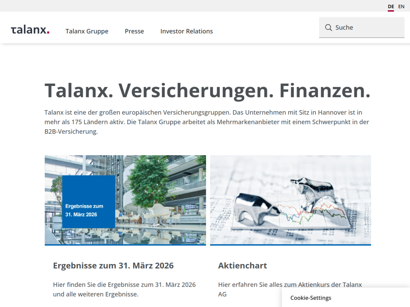 Website-Screenshot von Talanx