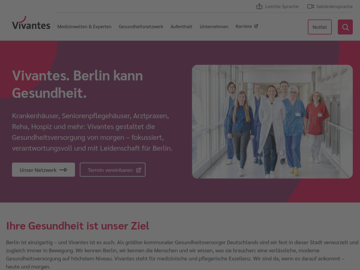Website-Screenshot von Vivantes