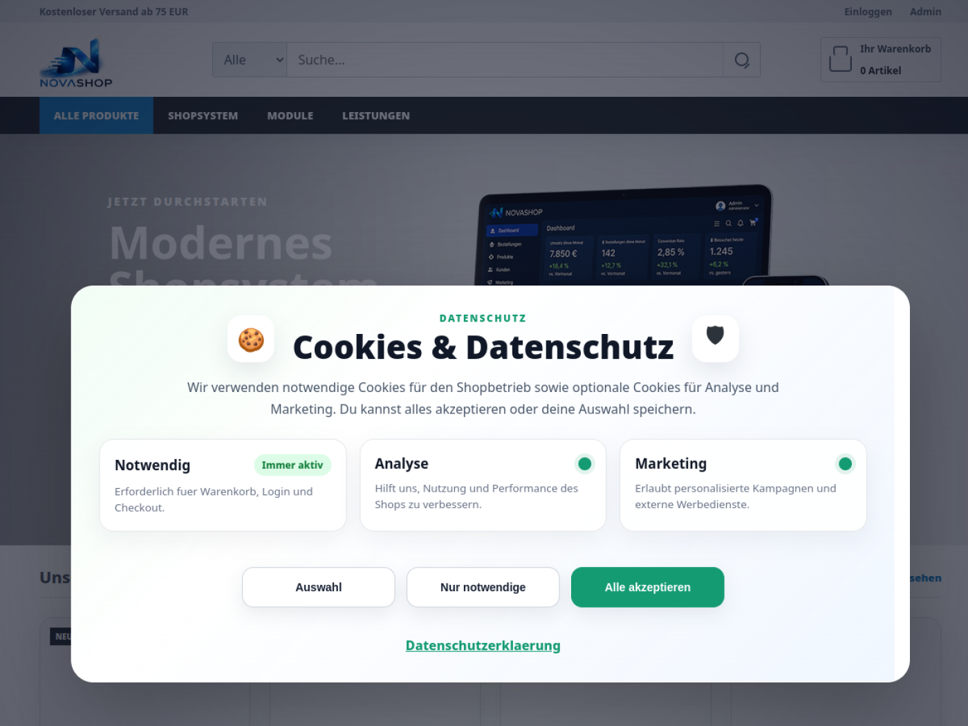 Website-Screenshot von NovaShop Commerce System